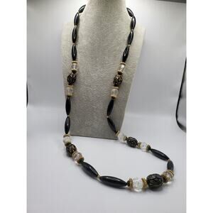 Vintage Black Bead Necklace Gold Accents Faceted Crystal Mid Century